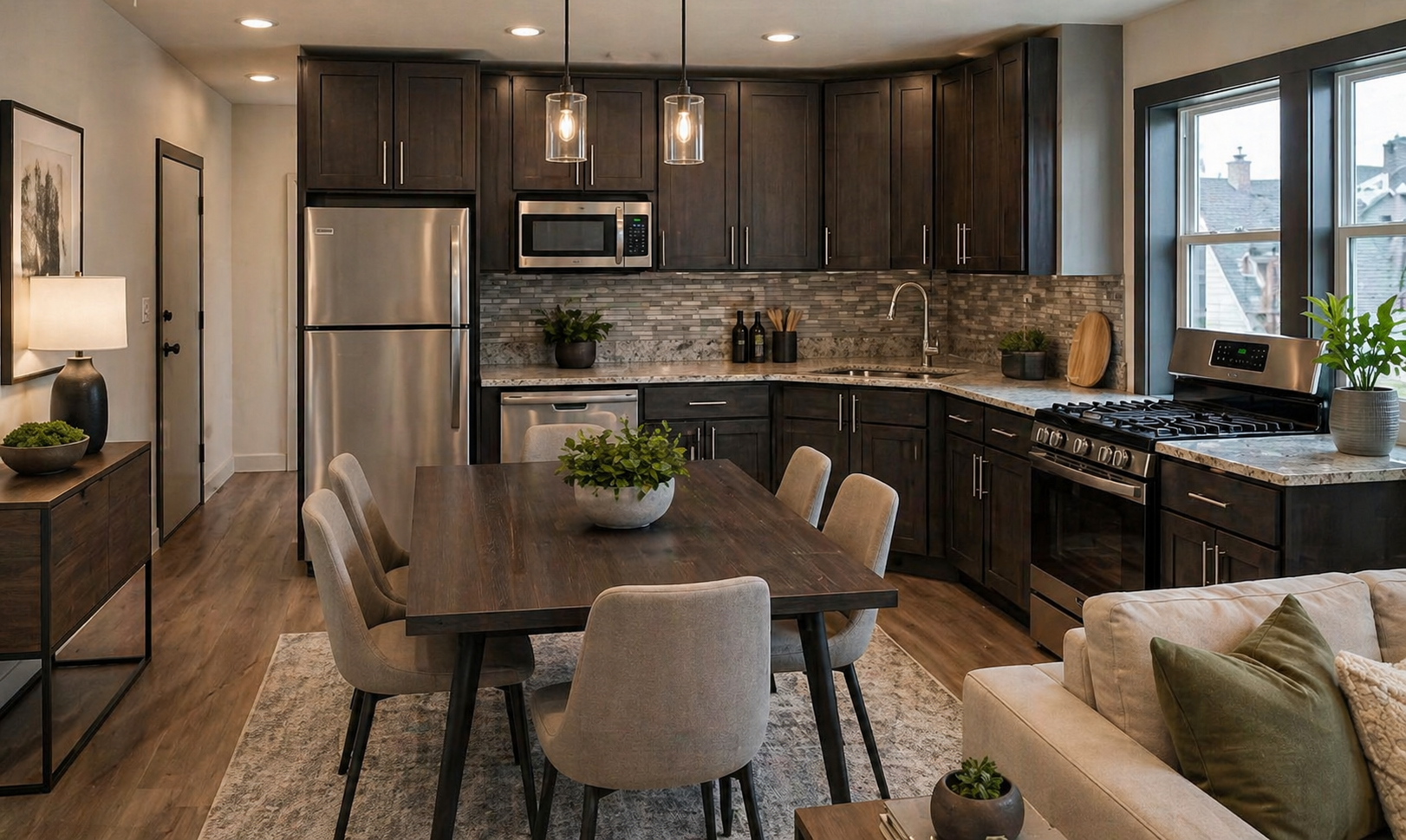 Living room and dining area at New Park Apartments